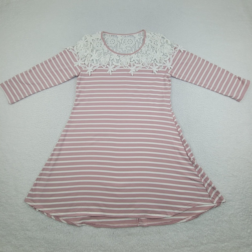 Umgee Womens Medium Pink White Striped Crochet Lace‎ Yoke 3/4 Sleeve Boho Dress